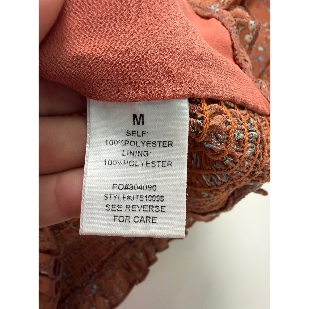 Promesa Rust Floral Ruched Long Sleeve‎ Blouse Square Neck Smocked Cuff Medium - Picture 10 of 11